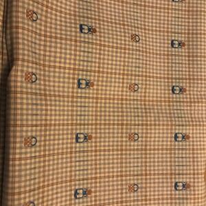 Vintage Blue Tan Gingham Plaid Cotton Fabric Basket Figure Embroidery 8.6oz